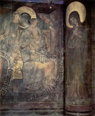 Vrstvové prelínanie nástenných farieb v sanktuáriu. Spodná staršia vrstva maľby - postavy žencov - pochádza spred roku 1350. Prekrývajú ju maľby z konca 14. storočia.