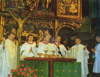 Záber zo slávenia sv.omše: uprostred spišský biskup Tondra a vpravo brnenský biskup Cirkle
